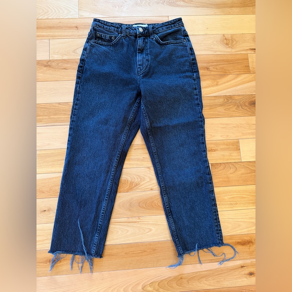 Topshop straight leg jeans with raw hem in washed black